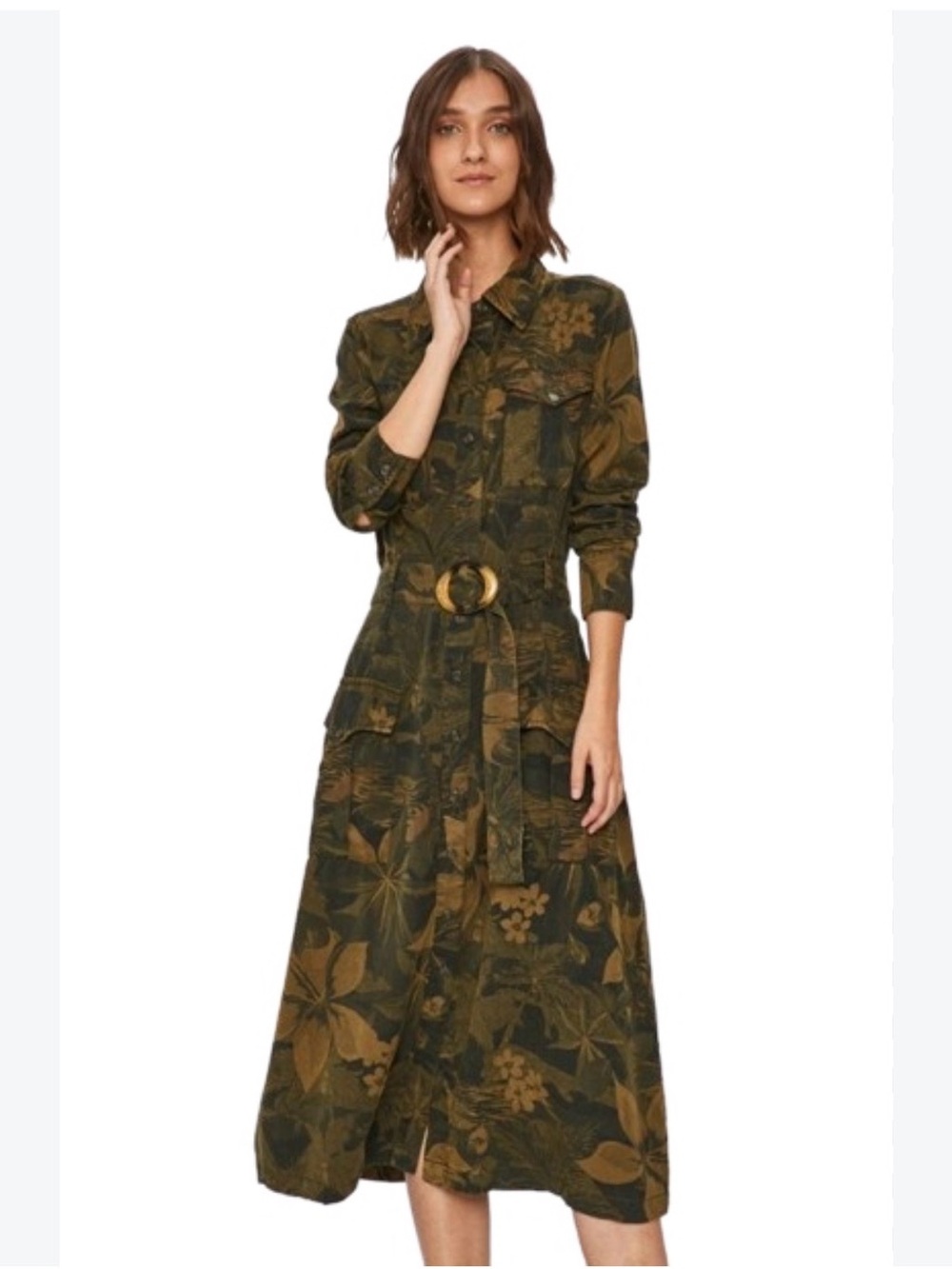 Desigual Montse Camoflower Olive and Tan Long Sleeve Belted Maxi Shirt Dress